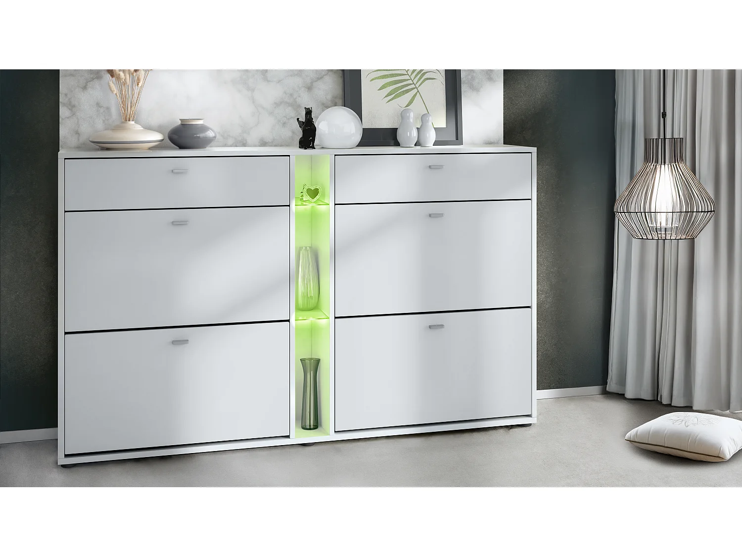 Scarpiera Today con 4 ante e 2 cassetti 155,5 x 95 x 28 cm, con illuminazione a LED RGB, struttura in bianco opaco, frontali in bianco opaco