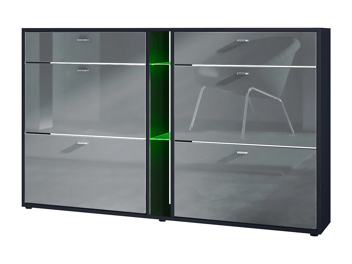 Scarpiera Today con 4 ante e 2 cassetti 155,5 x 95 x 28 cm, con illuminazione a LED RGB, struttura in nero opaco, frontali in grigio lucido