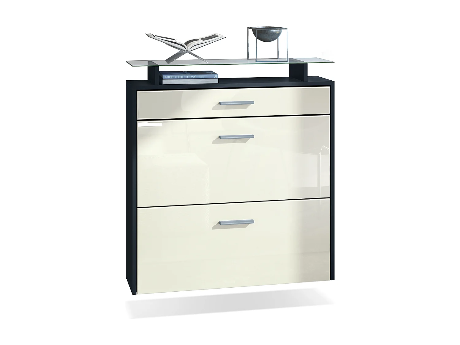 Meuble chaussures Malea, Armoire à chaussures murale pour 16 paires avec 2 clapets, 1 tiroir, Noir mat/Crème brillant (89 x 96 x 23 cm)