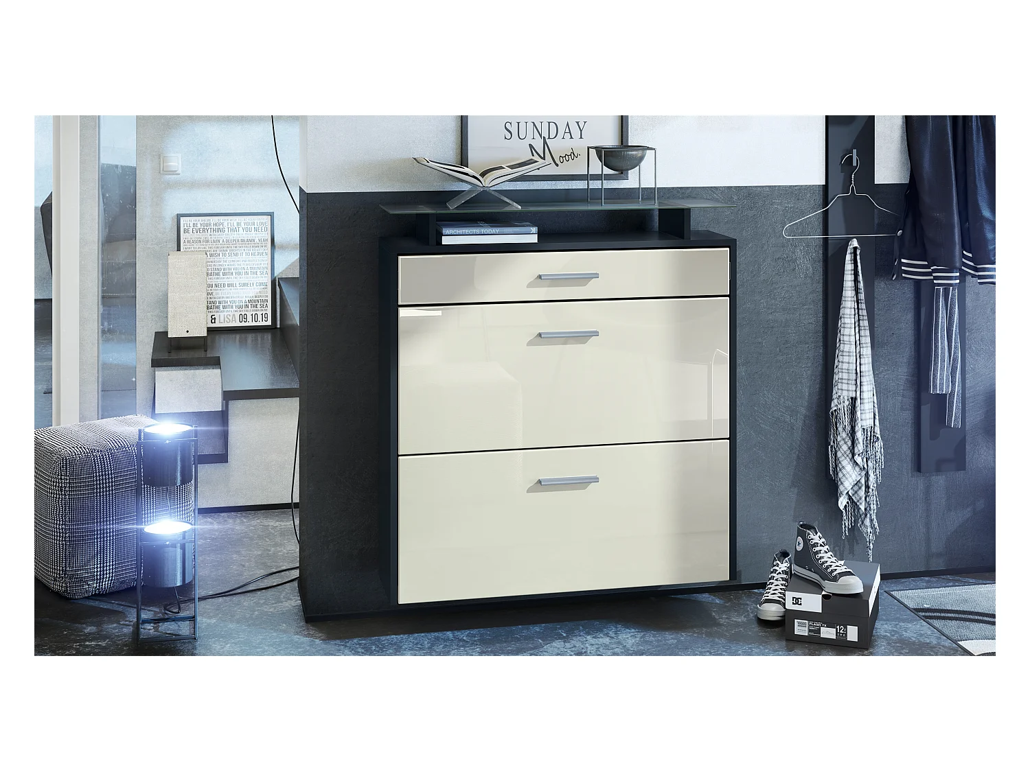 Meuble chaussures Malea, Armoire à chaussures murale pour 16 paires avec 2 clapets, 1 tiroir, Noir mat/Crème brillant (89 x 96 x 23 cm)