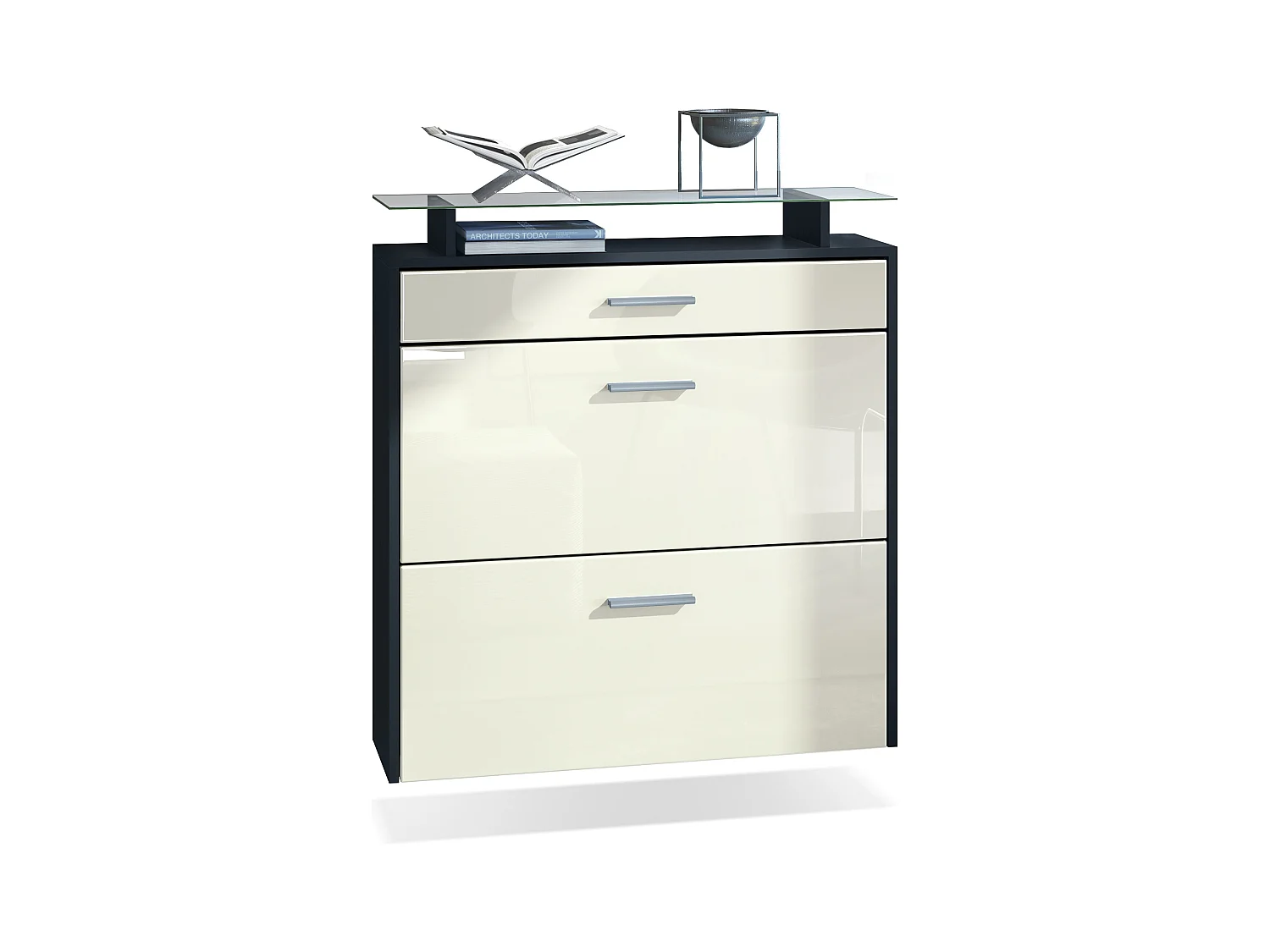Meuble chaussures Malea, Armoire à chaussures murale pour 16 paires avec 2 clapets, 1 tiroir, Noir mat/Crème brillant (89 x 96 x 23 cm)