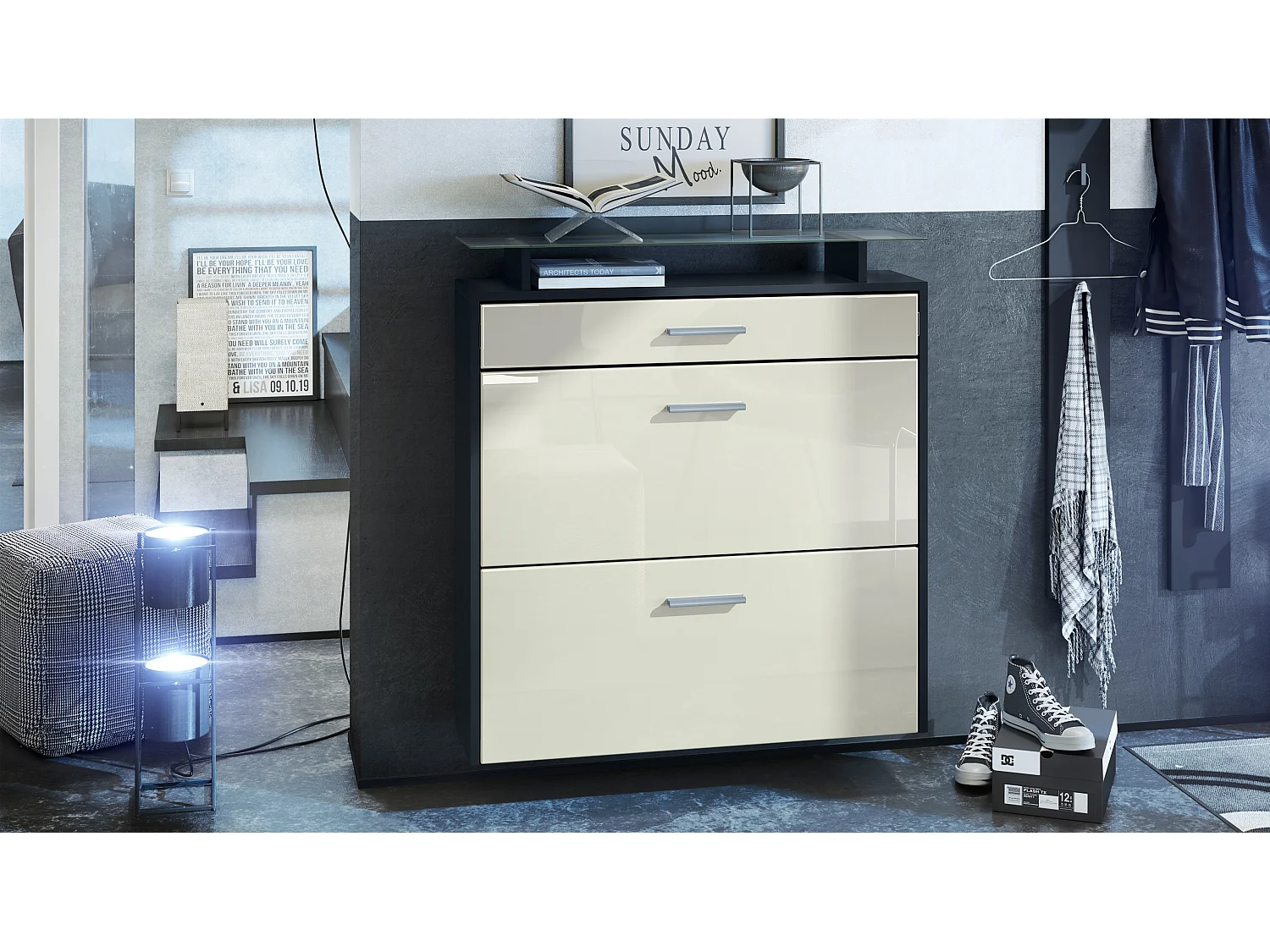 Malea, scarpiera a muro per 16 paia di scarpe con 2 ante a ribalta, 1 cassetto e ripiano in vetro, nero opaco/panna (89 x 96 x 23 cm)