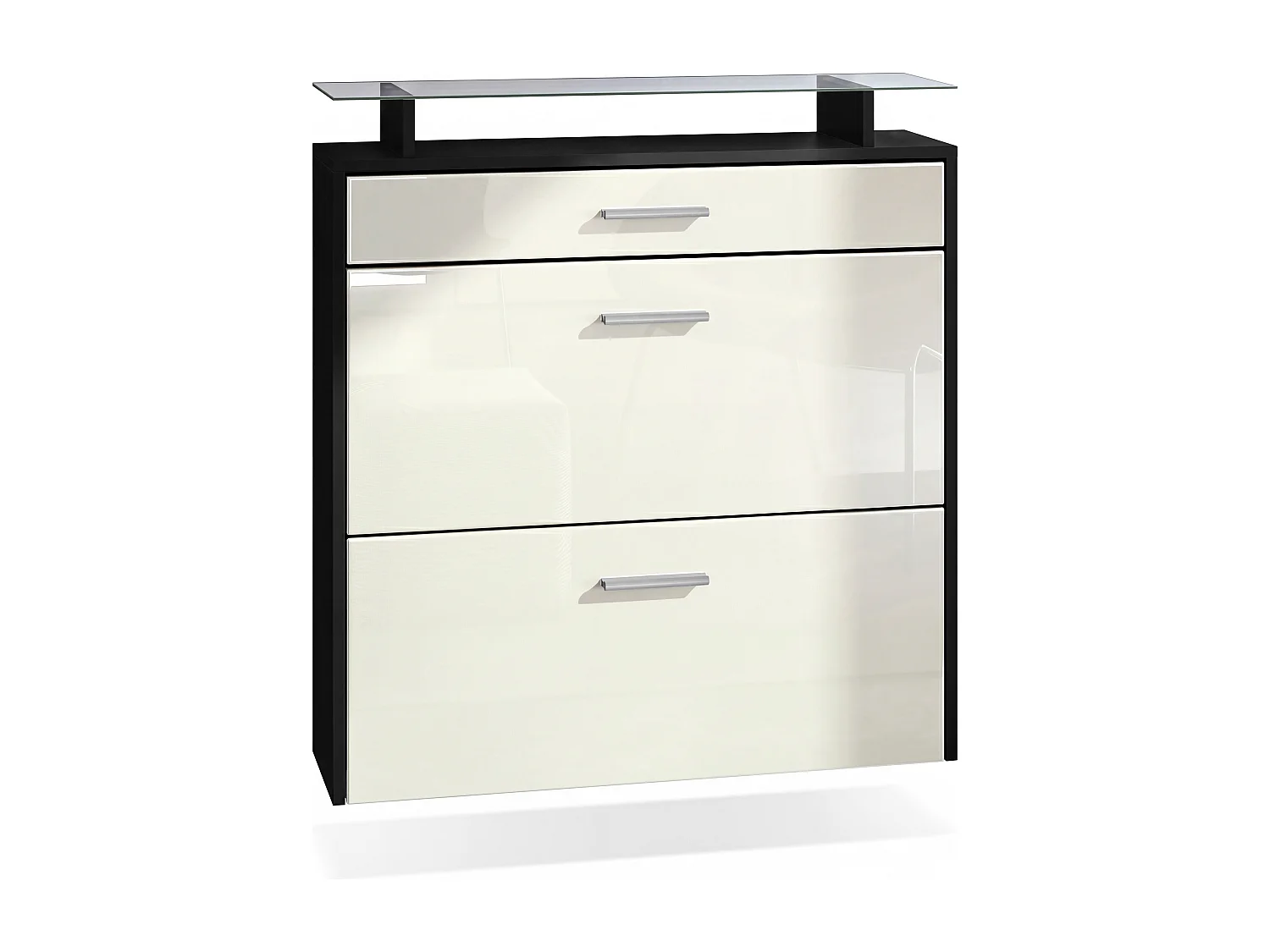 Meuble chaussures Malea, Armoire à chaussures murale pour 16 paires avec 2 clapets, 1 tiroir, Noir mat/Crème brillant (89 x 96 x 23 cm)