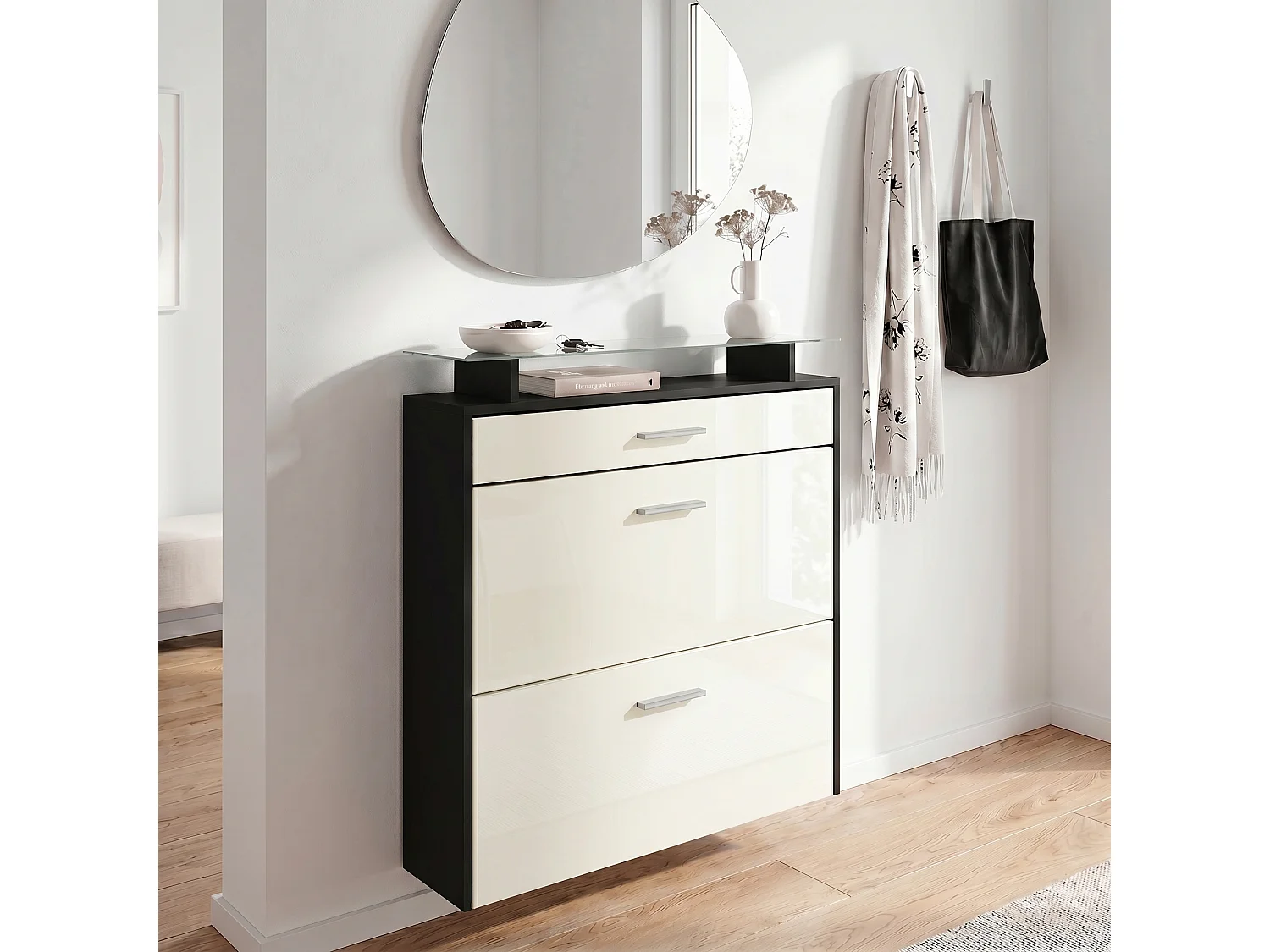 Meuble chaussures Malea, Armoire à chaussures murale pour 16 paires avec 2 clapets, 1 tiroir, Noir mat/Crème brillant (89 x 96 x 23 cm)