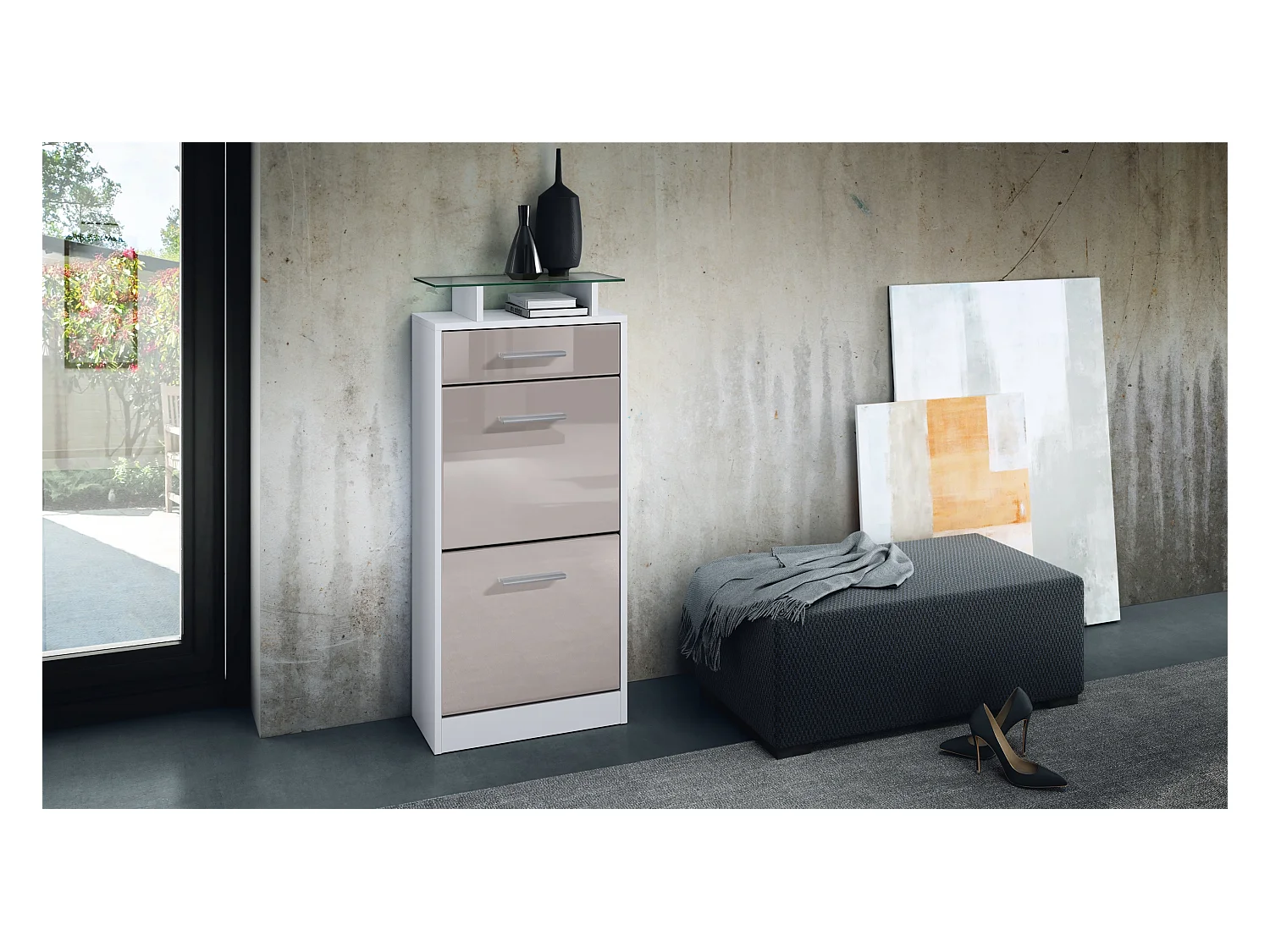 Meuble chaussure Loret V2, Étagère à chaussures pour 8 paires de chaussures avec 2 clapets, 1 tiroir, Blanc mat/Gris sable brillant (46 x 104 x 23 cm)