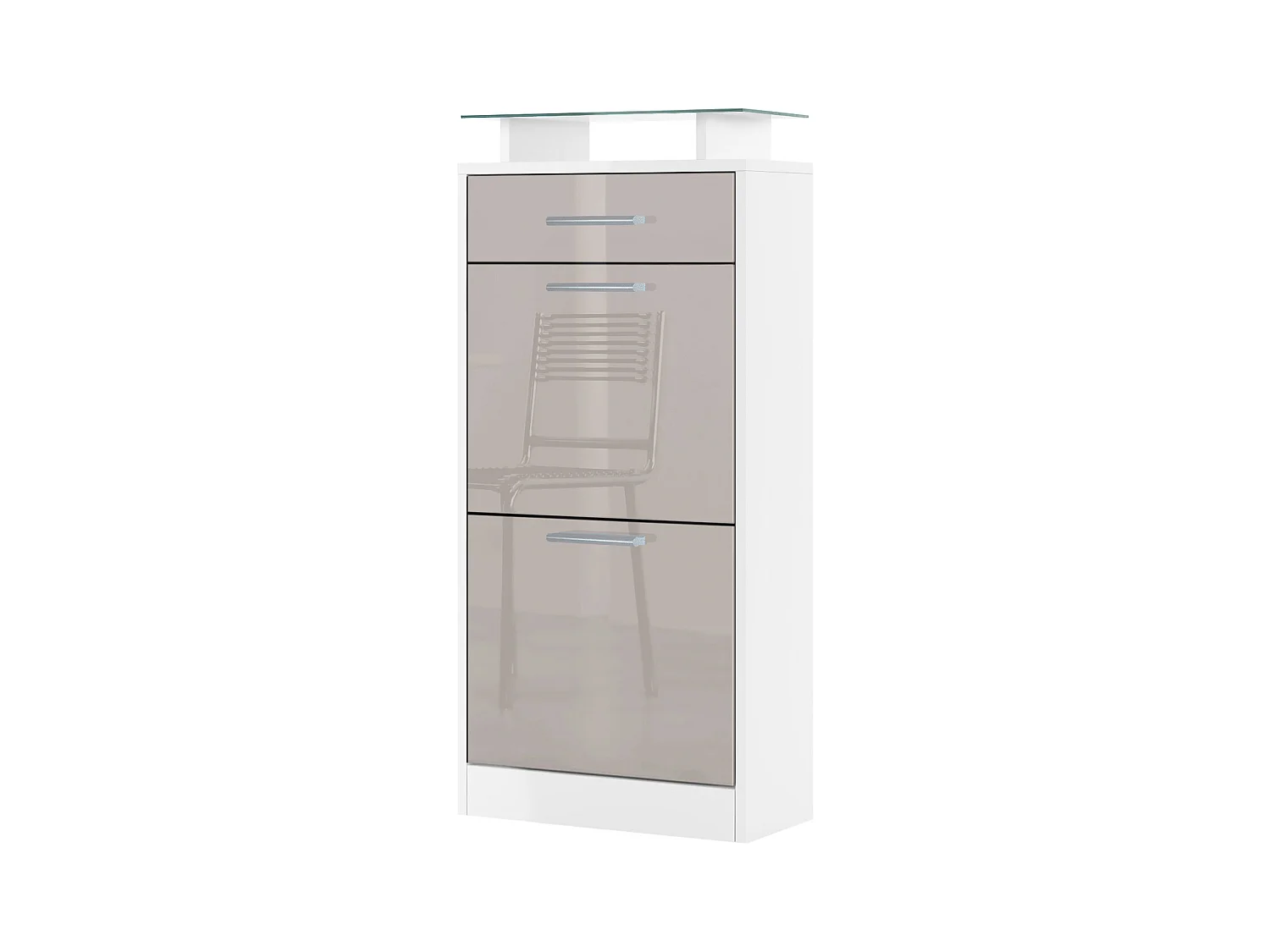 Meuble chaussure Loret V2, Étagère à chaussures pour 8 paires de chaussures avec 2 clapets, 1 tiroir, Blanc mat/Gris sable brillant (46 x 104 x 23 cm)