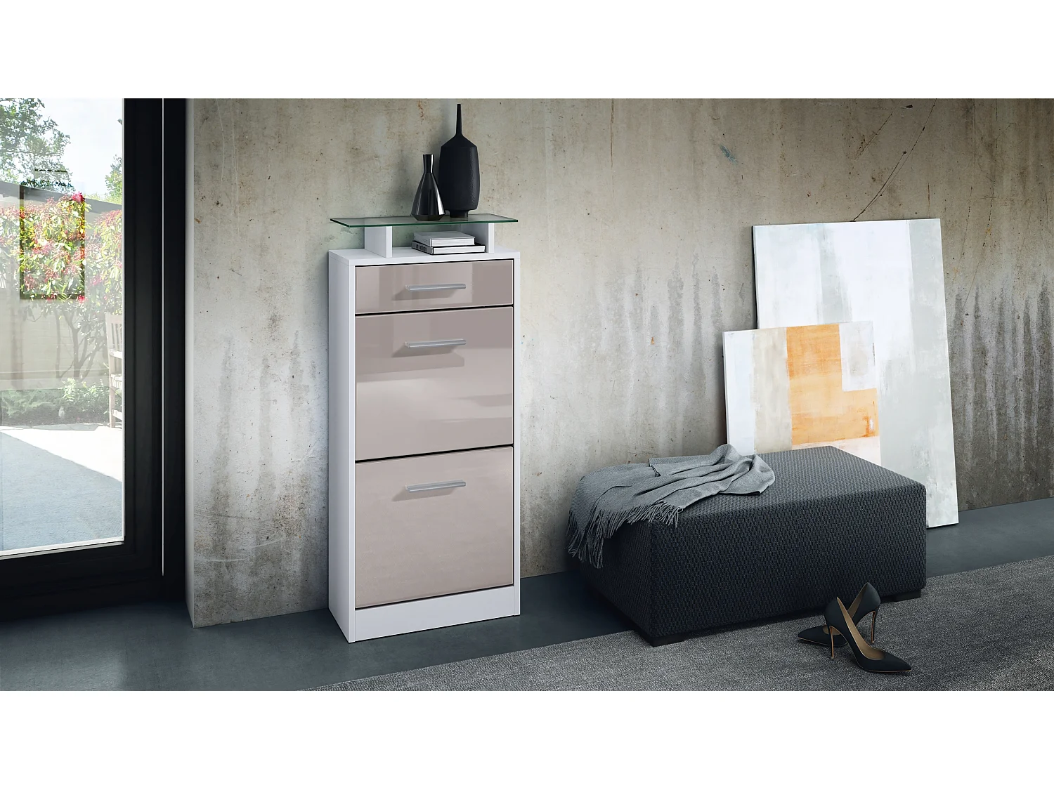 Meuble chaussure Loret V2, Étagère à chaussures pour 8 paires de chaussures avec 2 clapets, 1 tiroir, Blanc mat/Gris sable brillant (46 x 104 x 23 cm)