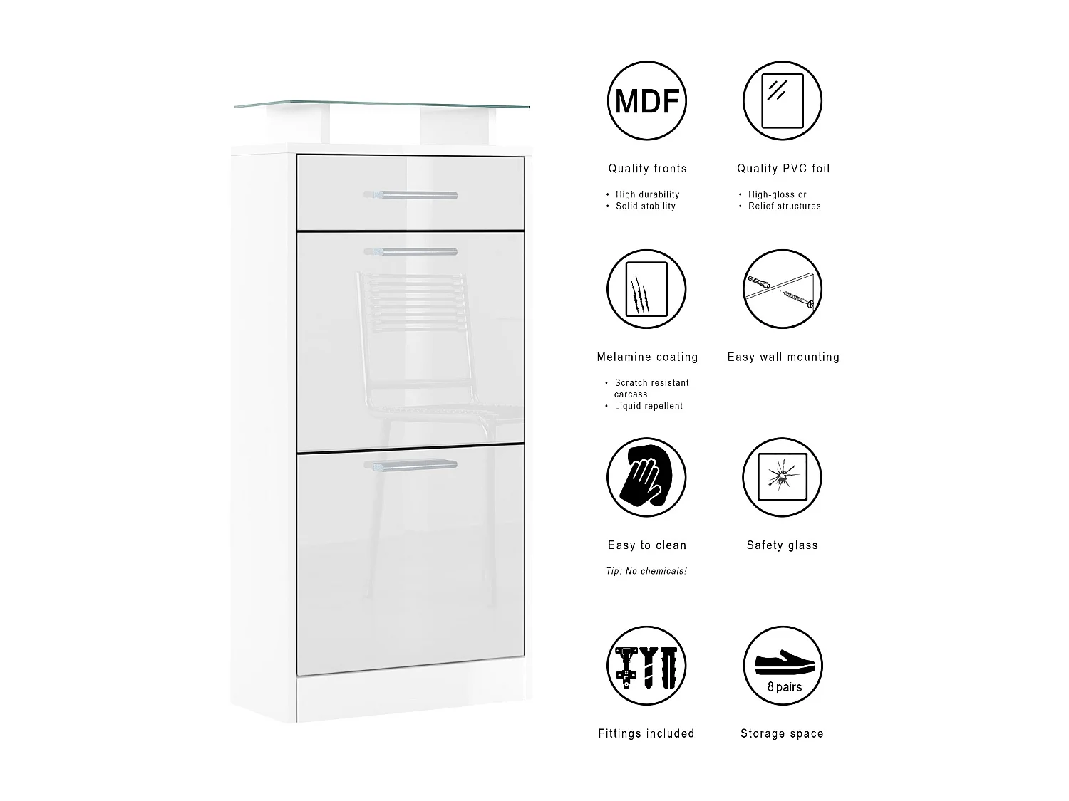 Meuble chaussure Loret V2, Étagère à chaussures pour 8 paires de chaussures avec 2 clapets, 1 tiroir, Blanc mat/Gris sable brillant (46 x 104 x 23 cm)