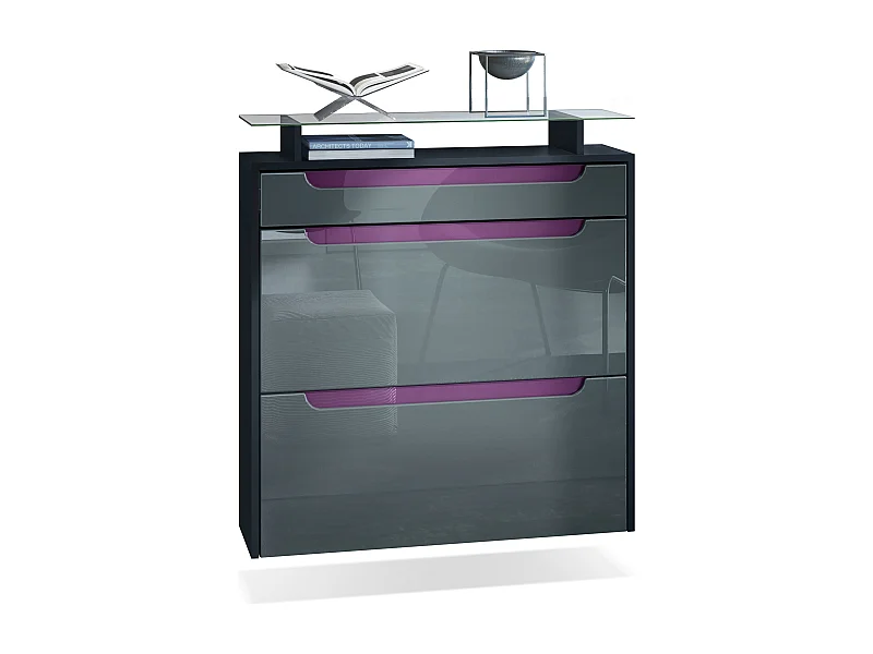 Scarpiera  Annie, mobile per 16 paia di scarpe con 2 ante a ribalta e 1 cassetto e ripiano in vetro, nero opaco/grigio lucido/violetto-porpora (89 x 96 x 23 cm)