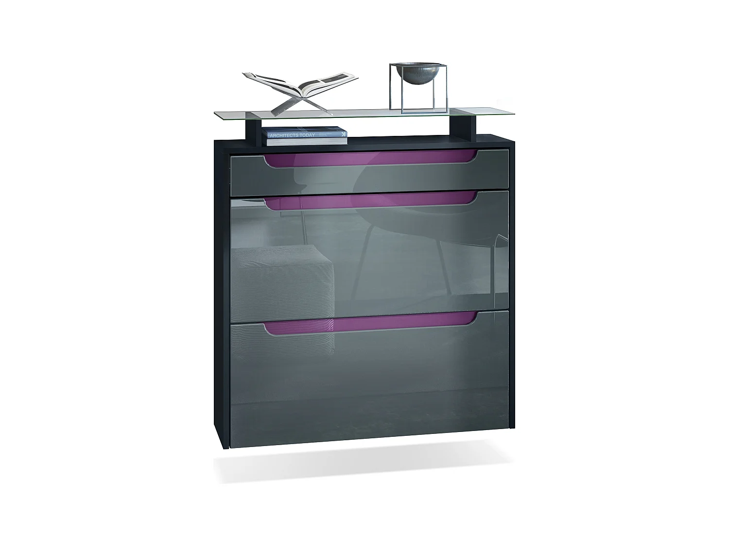 Scarpiera  Annie, mobile per 16 paia di scarpe con 2 ante a ribalta e 1 cassetto e ripiano in vetro, nero opaco/grigio lucido/violetto-porpora (89 x 96 x 23 cm)