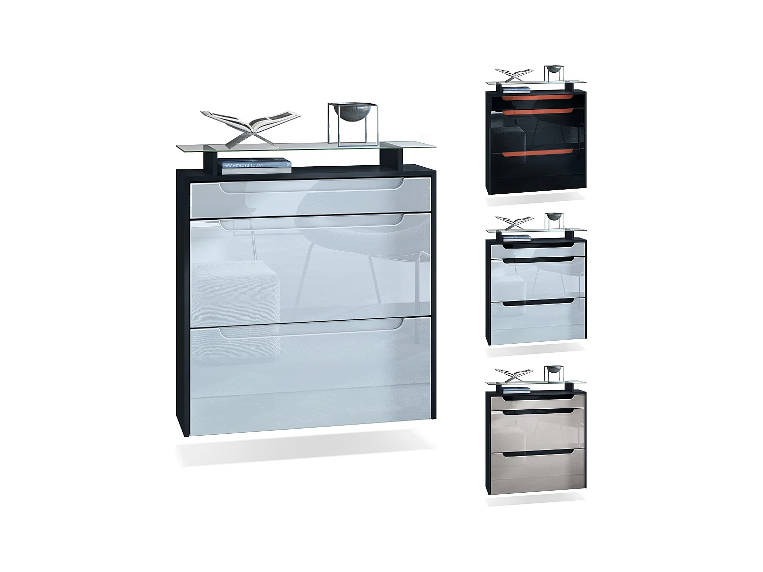 Scarpiera  Annie, mobile per 16 paia di scarpe con 2 ante a ribalta e 1 cassetto e ripiano in vetro, nero opaco/grigio lucido/violetto-porpora (89 x 96 x 23 cm)