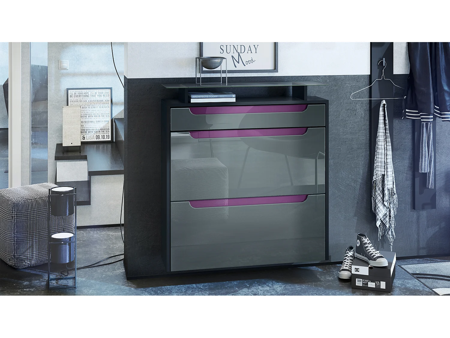 Scarpiera  Annie, mobile per 16 paia di scarpe con 2 ante a ribalta e 1 cassetto e ripiano in vetro, nero opaco/grigio lucido/violetto-porpora (89 x 96 x 23 cm)