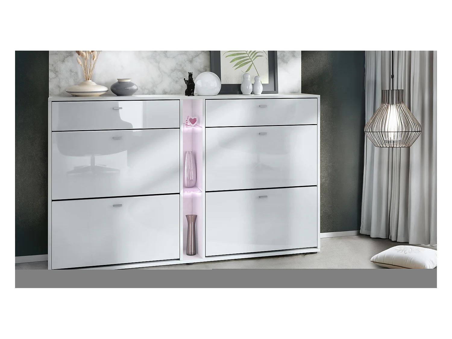 Meuble à chaussures à bascule Today 155,5 x 95 x 28 cm, avec un éclairage LED blanc, corps en Blanc mat, façades en blanc haute brillance