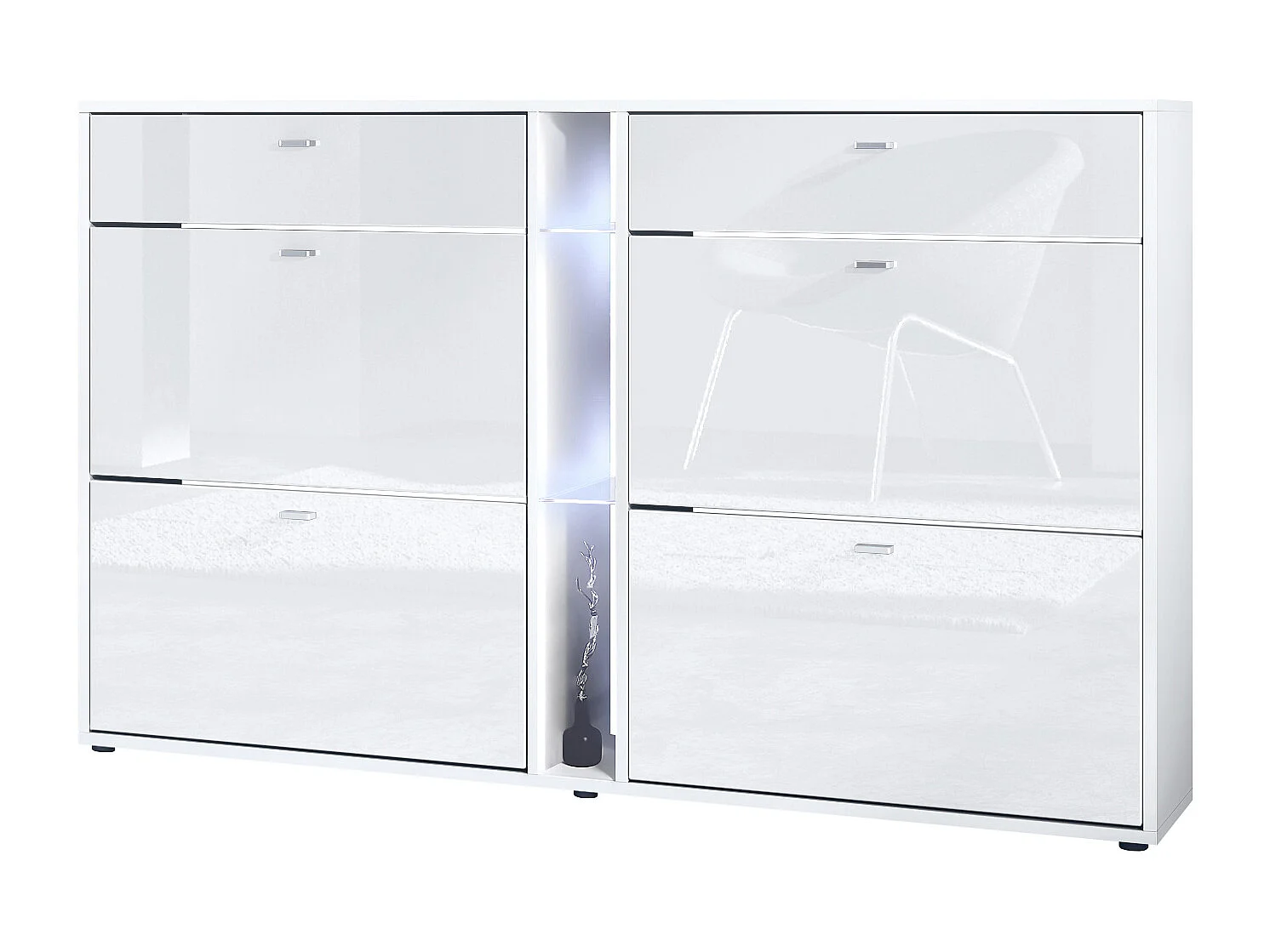 Scarpiera Today con 4 ante e 2 cassetti 155,5 x 95 x 28 cm, con illuminazione LED bianca, struttura in bianco opaco, frontali in bianco lucido