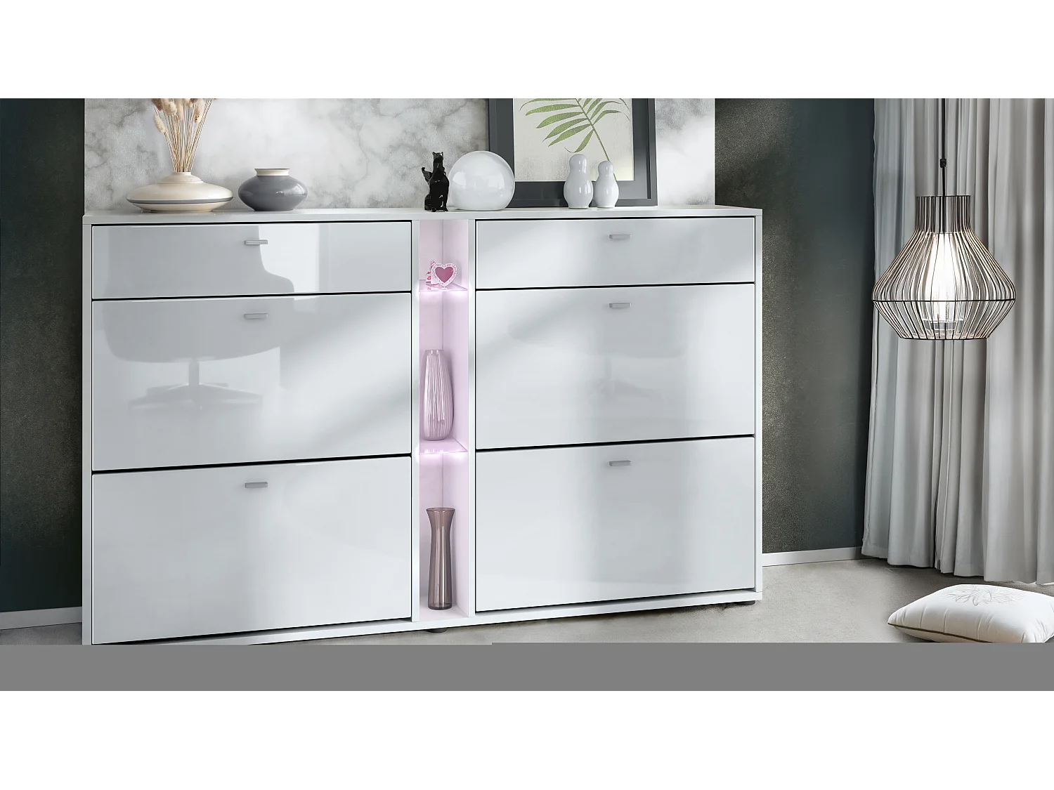 Scarpiera Today con 4 ante e 2 cassetti 155,5 x 95 x 28 cm, con illuminazione LED bianca, struttura in bianco opaco, frontali in bianco lucido