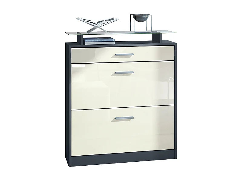 Zapatero Loret 89 x 104 x 23 cm, volquete de zapatos para 16 pares de zapatos , cuerpo en Anthracita mate, frente en Crema de alto brillo