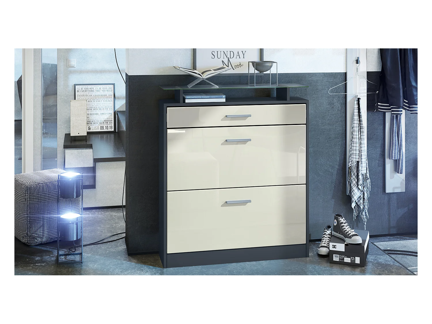 SCHUHSCHRANK Loret Fronten in Creme Hochglanz