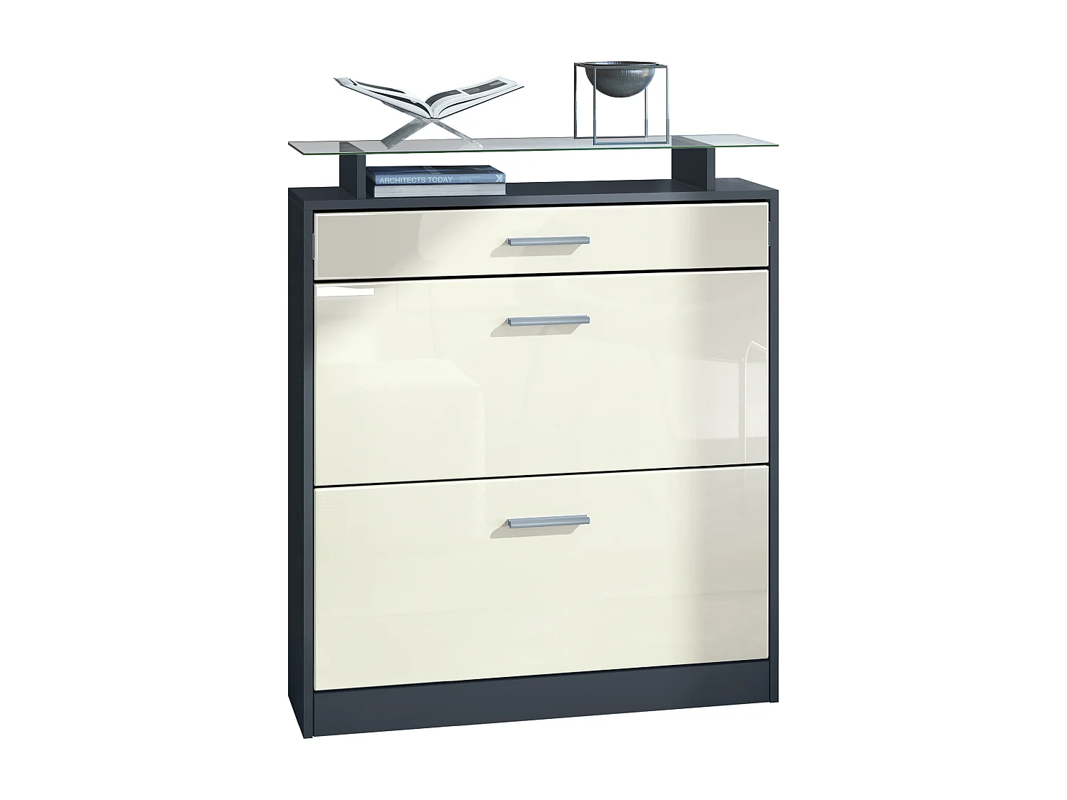 Scarpiera Loret 89 x 104 x 23 cm per 16 paia di scarpe, con ripiano in vetro, struttura in antracite opaco, frontale in beige lucido.