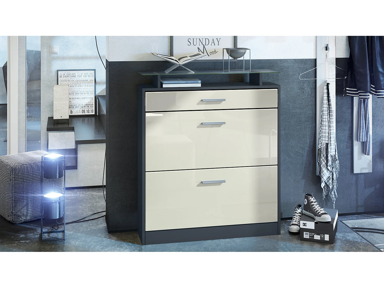 Scarpiera Loret 89 x 104 x 23 cm per 16 paia di scarpe, con ripiano in vetro, struttura in antracite opaco, frontale in beige lucido.