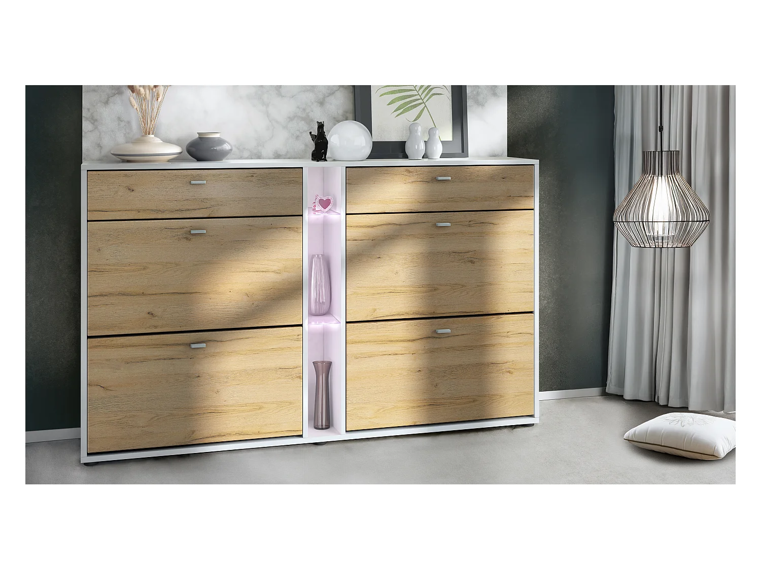 Meuble à chaussures à bascule Today 155,5 x 95 x 28 cm, avec un éclairage LED blanc, corps en Blanc mat, façades en chêne nature