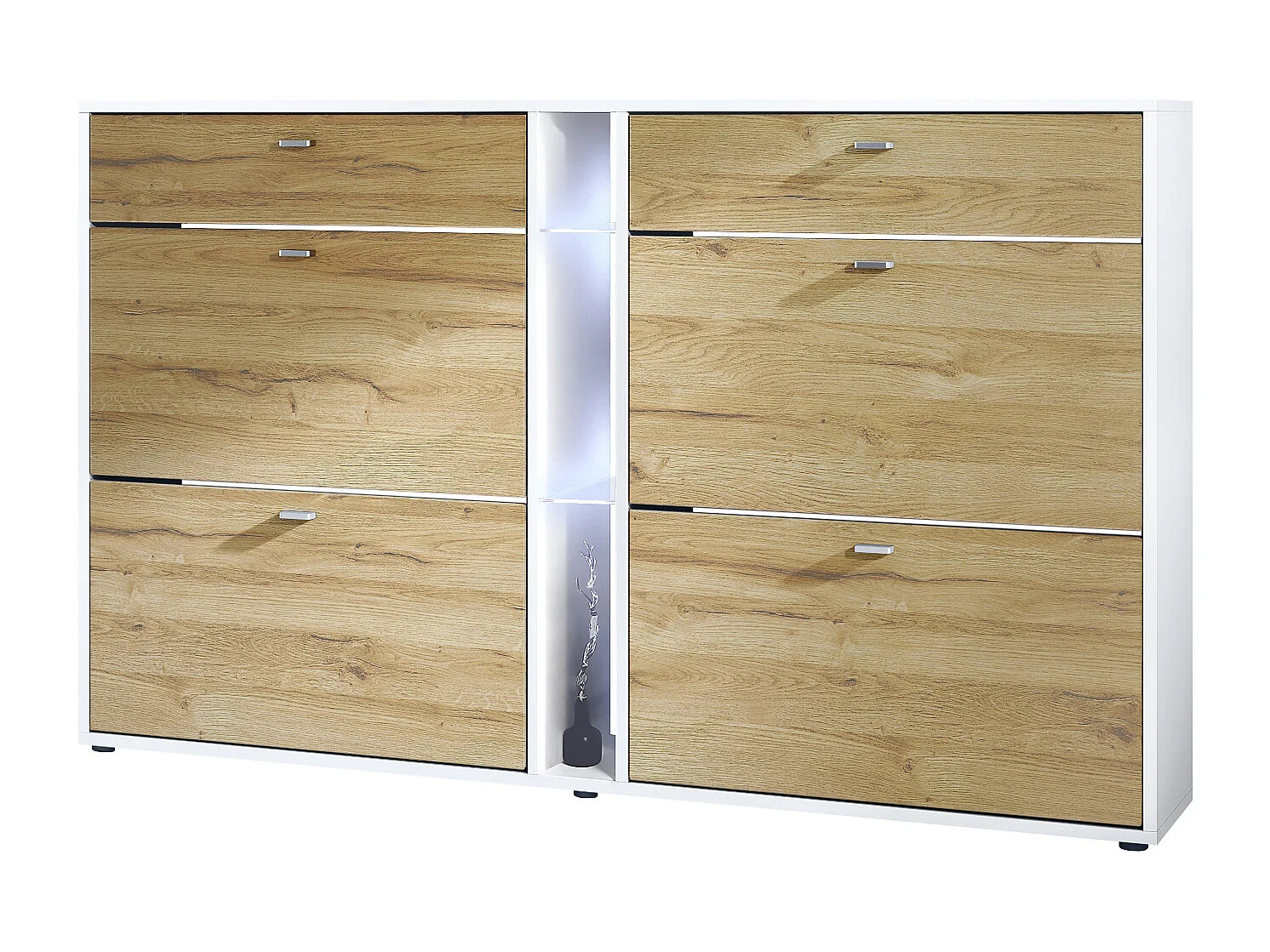 Scarpiera Today con 4 ante e 2 cassetti 155,5 x 95 x 28 cm, con illuminazione LED bianca, struttura in bianco opaco, frontali in rovere naturale