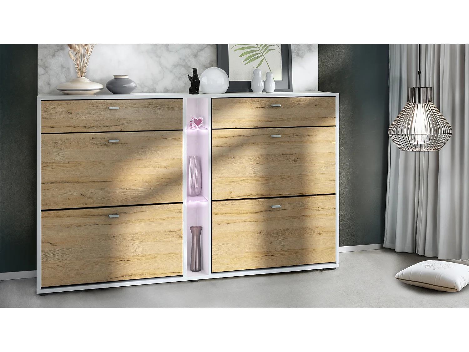 Scarpiera Today con 4 ante e 2 cassetti 155,5 x 95 x 28 cm, con illuminazione LED bianca, struttura in bianco opaco, frontali in rovere naturale