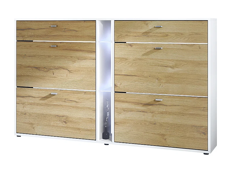 Meuble à chaussures à bascule Today 155,5 x 95 x 28 cm, avec un éclairage LED blanc, corps en Blanc mat, façades en chêne nature