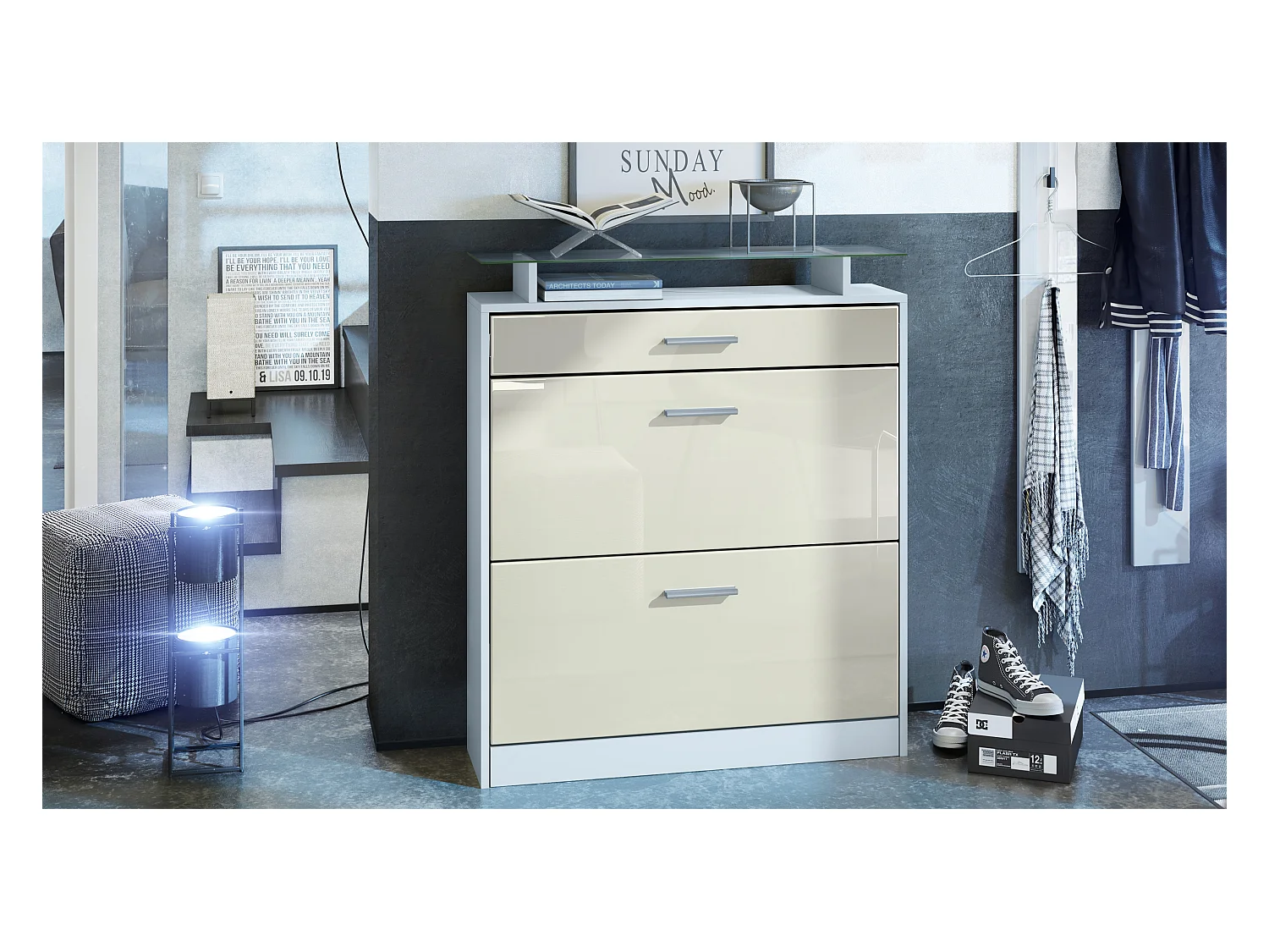 Meuble chaussure Loret, Étagère à chaussures pour 16 paires de chaussures avec 2 clapets à bascule, 1 tiroir, Blanc mat/Crème brillant (89 x 104 x 23 cm)