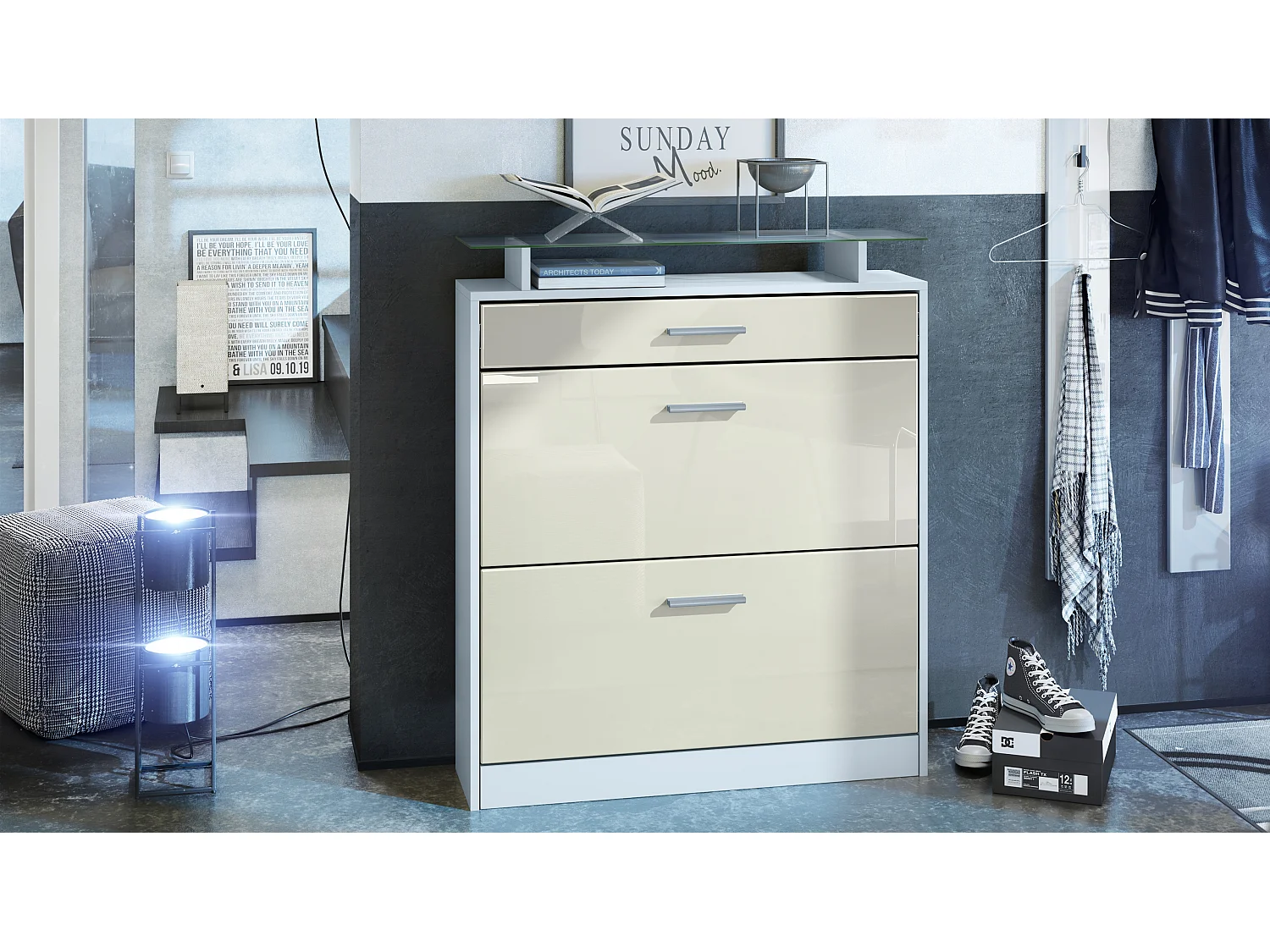 Meuble chaussure Loret, Étagère à chaussures pour 16 paires de chaussures avec 2 clapets à bascule, 1 tiroir, Blanc mat/Crème brillant (89 x 104 x 23 cm)