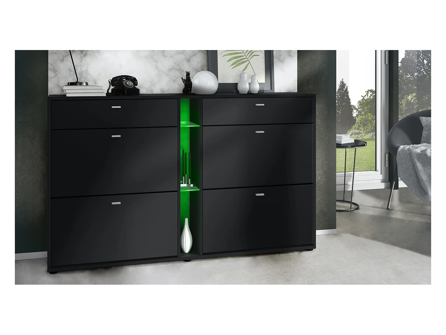 Meuble à chaussures à bascule Today 155,5 x 95 x 28 cm, avec un éclairage LED RGB, corps en Noir mat, façades en noir mat