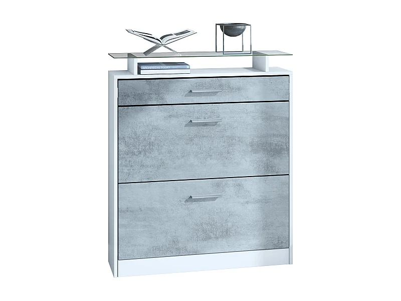 Scarpiera  Loret, mobile per 16 paia di scarpe con 2 ante a ribalta, 1 cassetto e ripiano in vetro, bianco opaco/ossido di grigio cemento (89 x 104 x 23 cm)