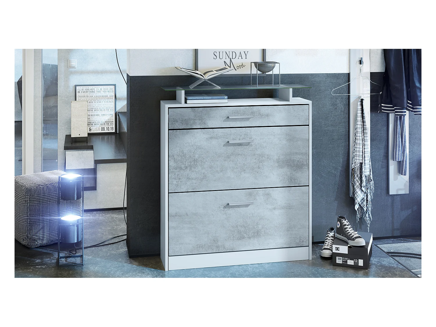 Meuble chaussure Loret, Étagère à chaussures pour 16 paires de chaussures avec 2 clapets à bascule, 1 tiroir, Blanc mat/Aspect Béton Oxyde (89 x 104 x 23 cm)