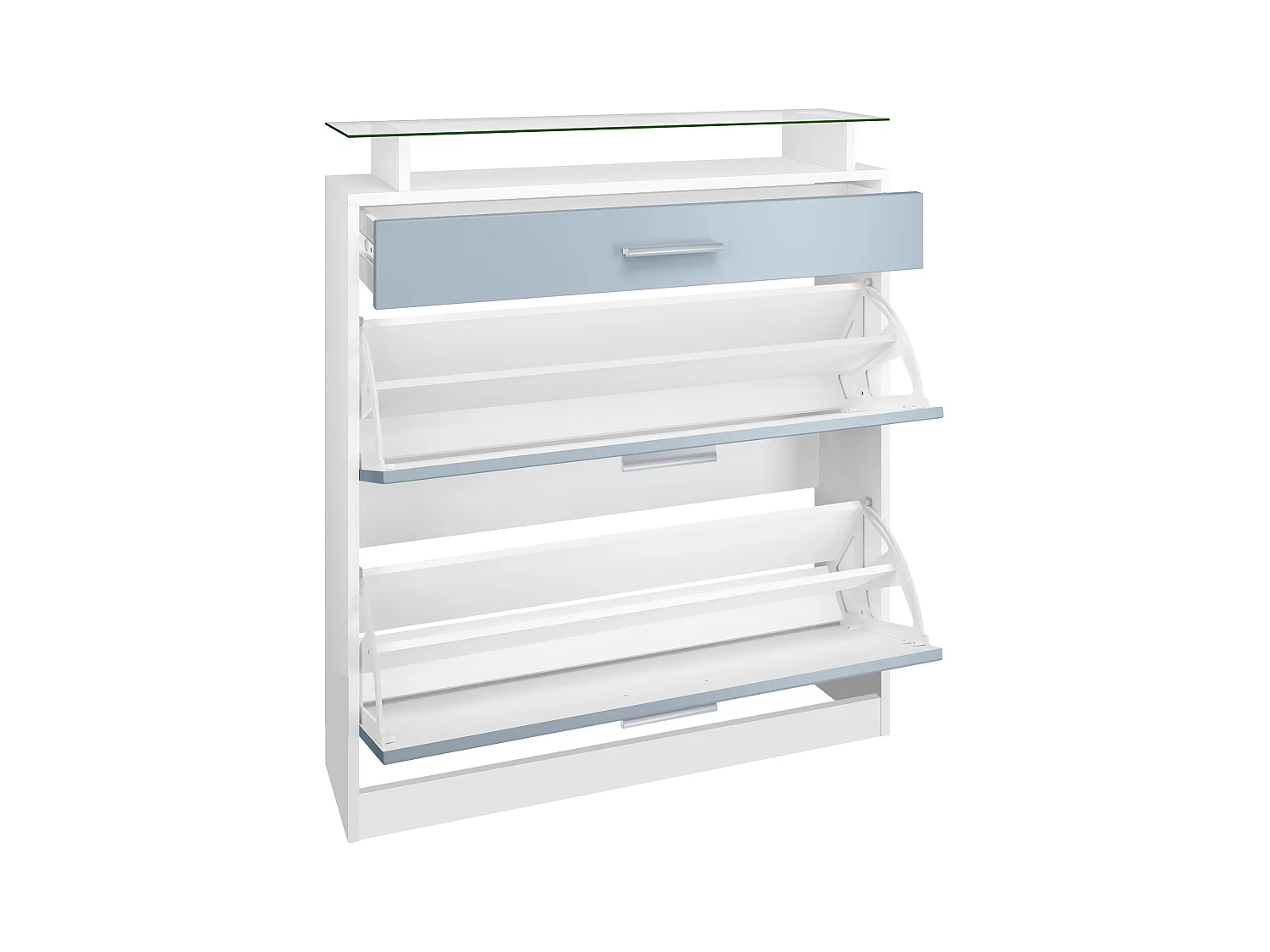 Meuble chaussure Loret, Étagère à chaussures pour 16 paires de chaussures avec 2 clapets à bascule, 1 tiroir, Blanc mat/Aspect Béton Oxyde (89 x 104 x 23 cm)