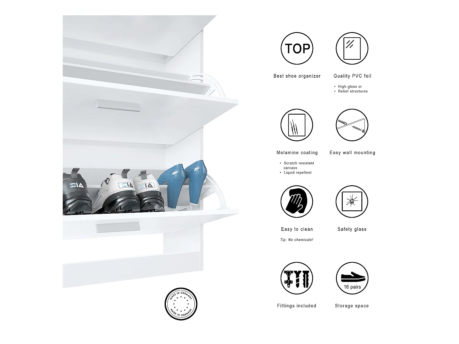 Meuble chaussure Loret, Étagère à chaussures pour 16 paires de chaussures avec 2 clapets à bascule, 1 tiroir, Blanc mat/Aspect Béton Oxyde (89 x 104 x 23 cm)