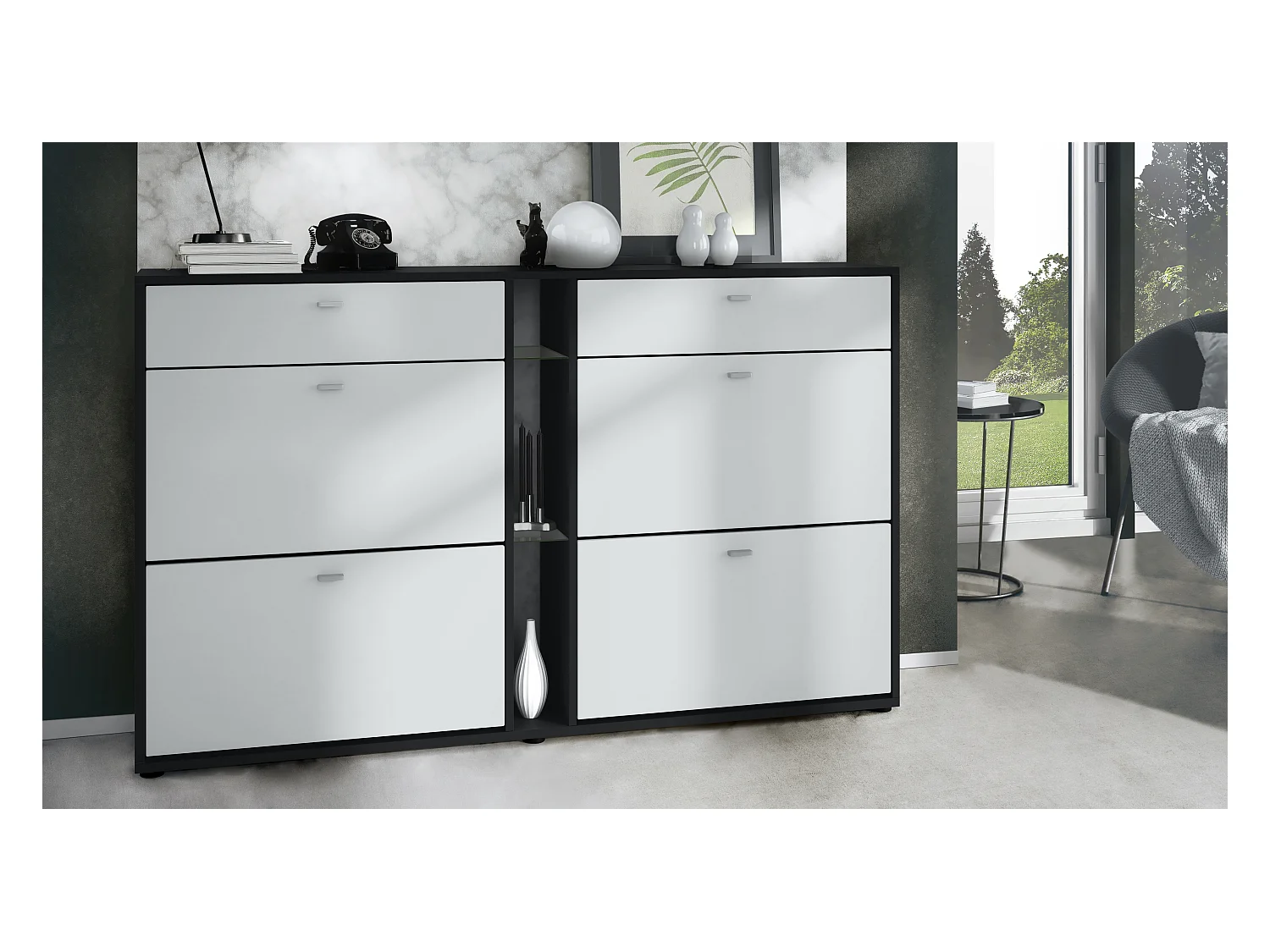 Meuble à chaussures à bascule Today 155,5 x 95 x 28 cm, corps en Noir mat, façades en blanc mat