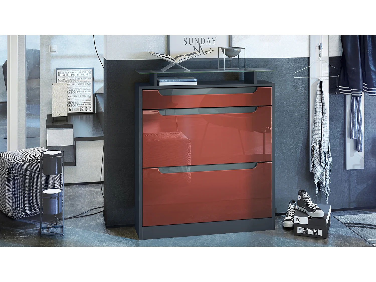 SCHUHSCHRANK Fiesta Fronten in Bordeaux Hochglanz, Griffmulden in Grau Hochglanz