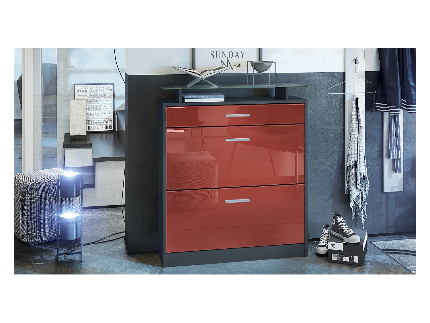 SCHUHSCHRANK Loret Fronten in Bordeaux Hochglanz