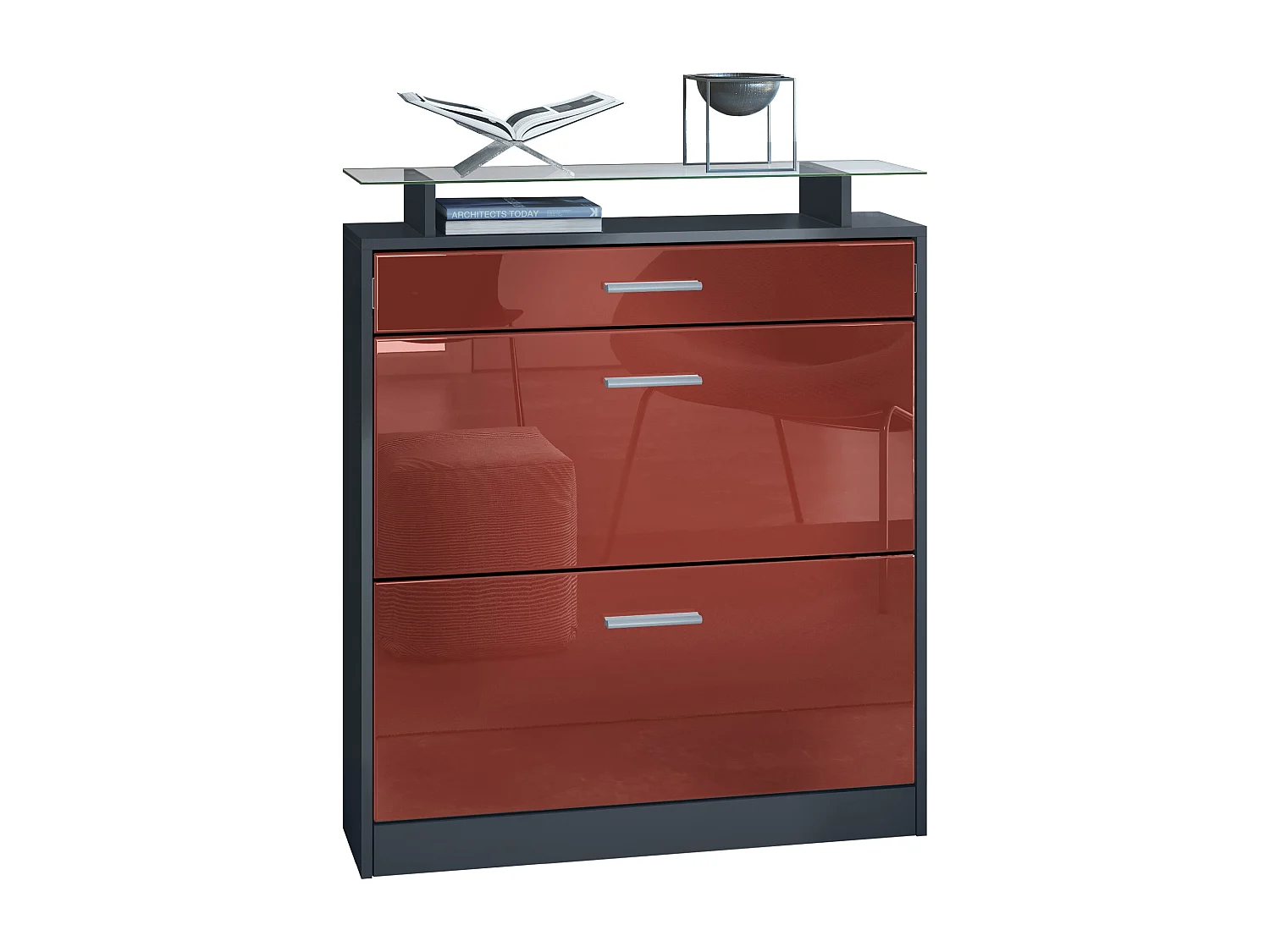 Scarpiera Loret 89 x 104 x 23 cm per 16 paia di scarpe, con ripiano in vetro, carcassa in antracite opaco. frontale in Bordeaux High Gloss