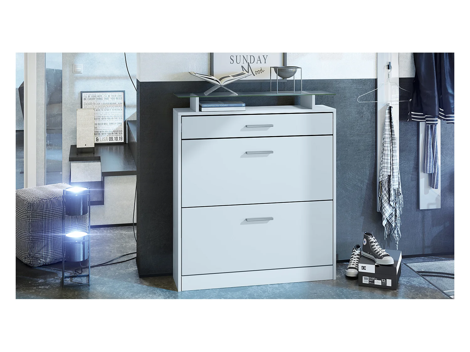 Meuble chaussure Loret, Étagère à chaussures pour 16 paires de chaussures avec 2 clapets à bascule, 1 tiroir, Blanc mat/Blanc mat (89 x 104 x 23 cm)