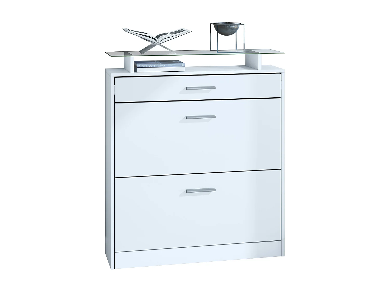 Meuble chaussure Loret, Étagère à chaussures pour 16 paires de chaussures avec 2 clapets à bascule, 1 tiroir, Blanc mat/Blanc mat (89 x 104 x 23 cm)