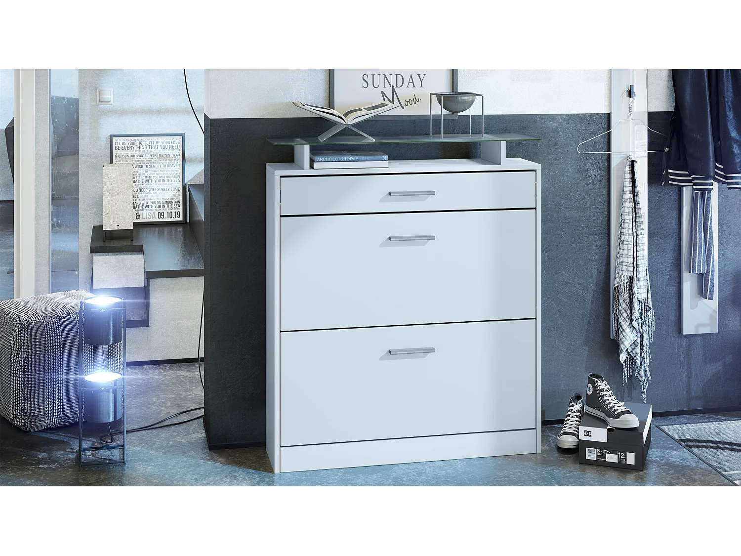 Meuble chaussure Loret, Étagère à chaussures pour 16 paires de chaussures avec 2 clapets à bascule, 1 tiroir, Blanc mat/Blanc mat (89 x 104 x 23 cm)