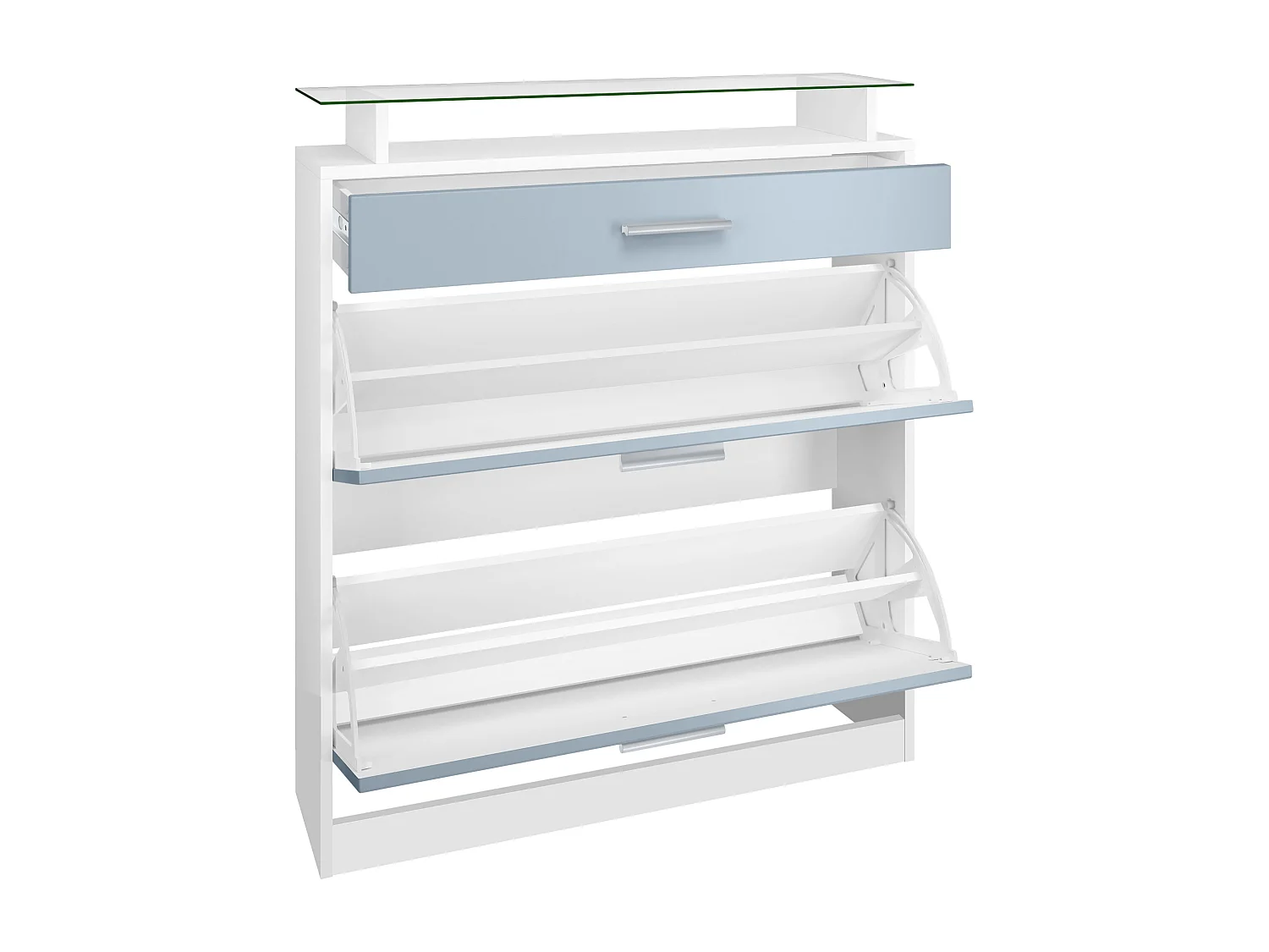 Meuble chaussure Loret, Étagère à chaussures pour 16 paires de chaussures avec 2 clapets à bascule, 1 tiroir, Blanc mat/Blanc mat (89 x 104 x 23 cm)