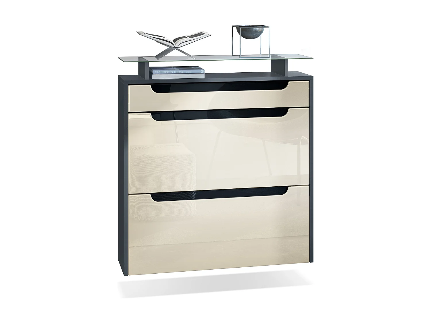 Scarpiera  Annie per 16 paia di scarpe con 2 ante a ribalta e ripiano in vetro, antracite/bianco lucido, maniglie incassate in nero lucido (89 x 96 x 23 cm)