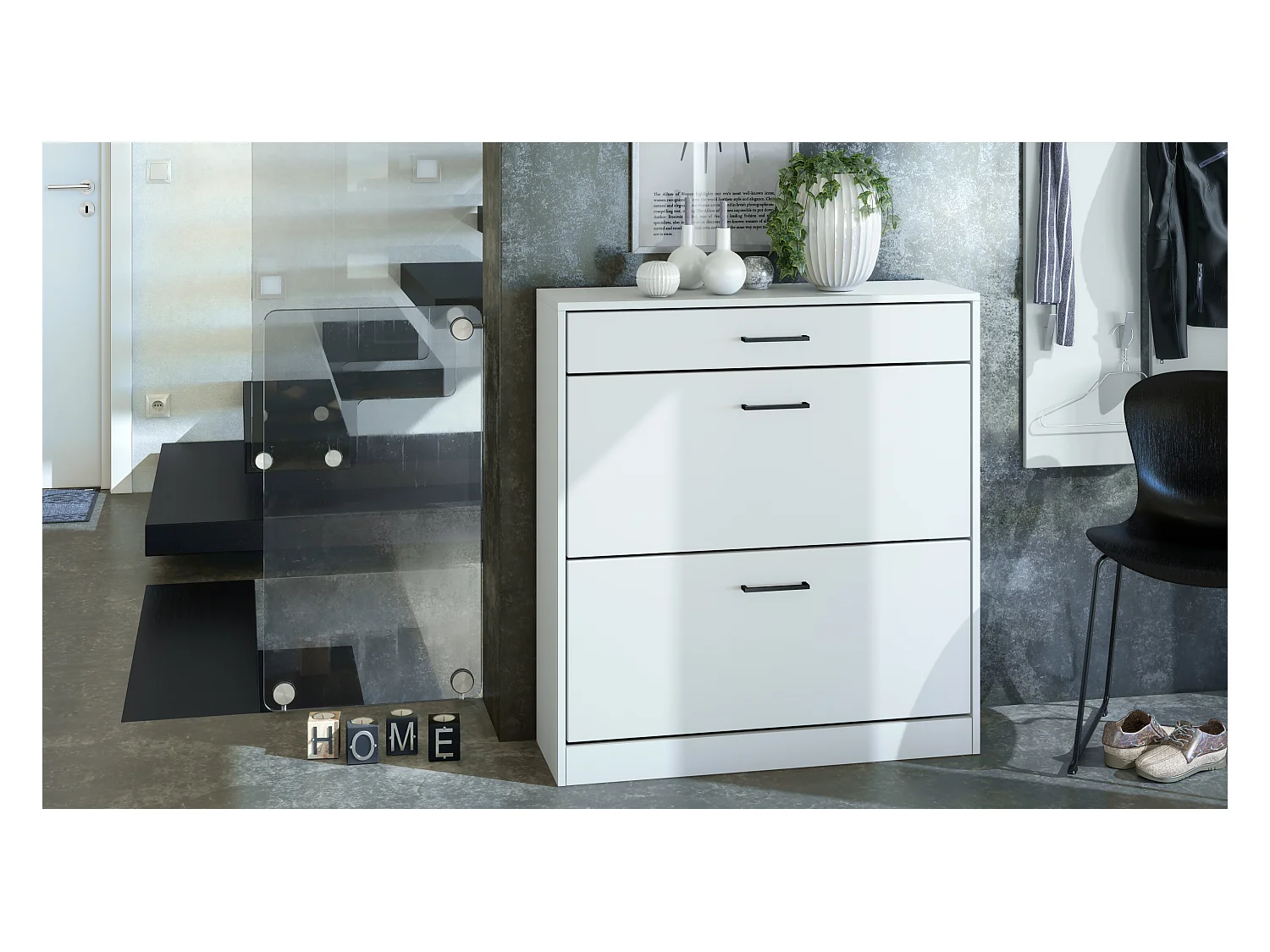 Armoire à chaussures inclinable Elvas 89 x 95,5 x 27 cm, caisson en blanc mat, façade en Blanc mat