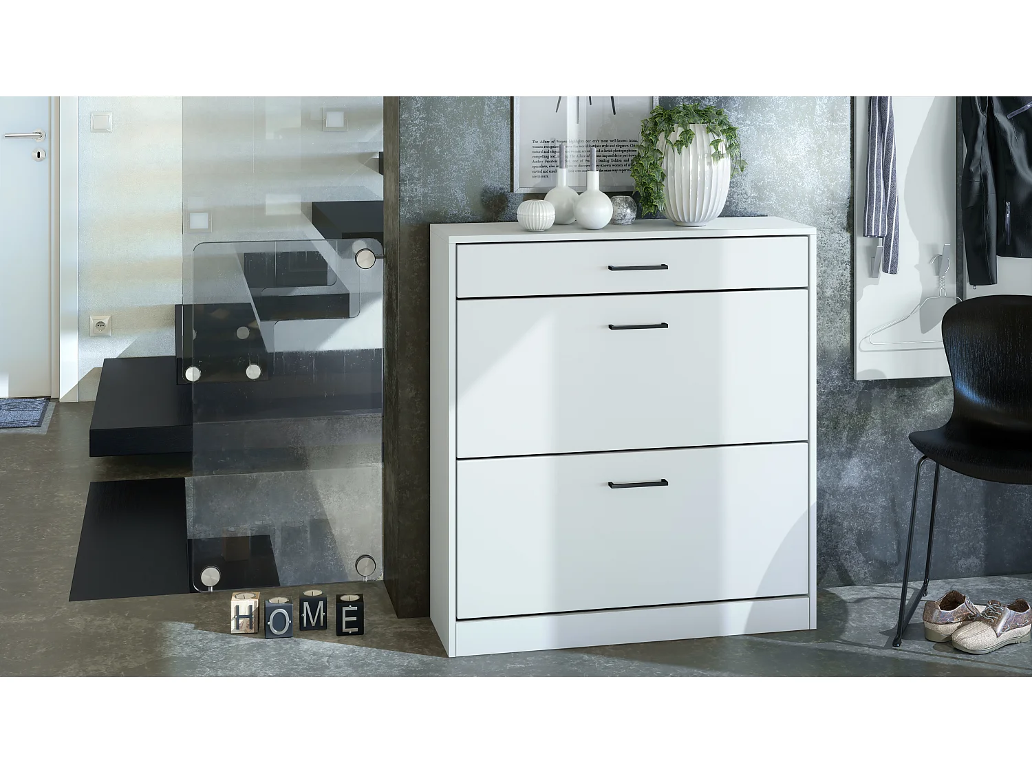 Mobiletto ribaltabile per scarpe Elvas 89 x 95,5 x 27 cm, Carcassa in bianco opaco, frontale in bianco opaco | Molteplici opzioni di colore