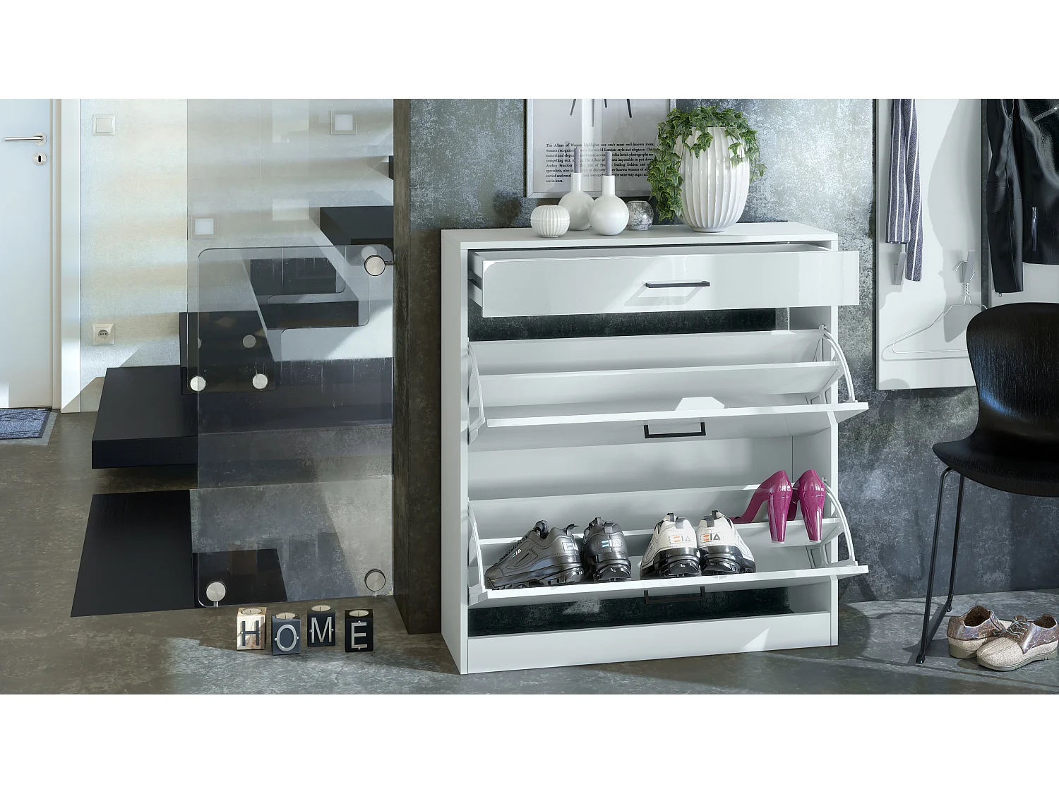 Mobiletto ribaltabile per scarpe Elvas 89 x 95,5 x 27 cm, Carcassa in bianco opaco, frontale in bianco opaco | Molteplici opzioni di colore