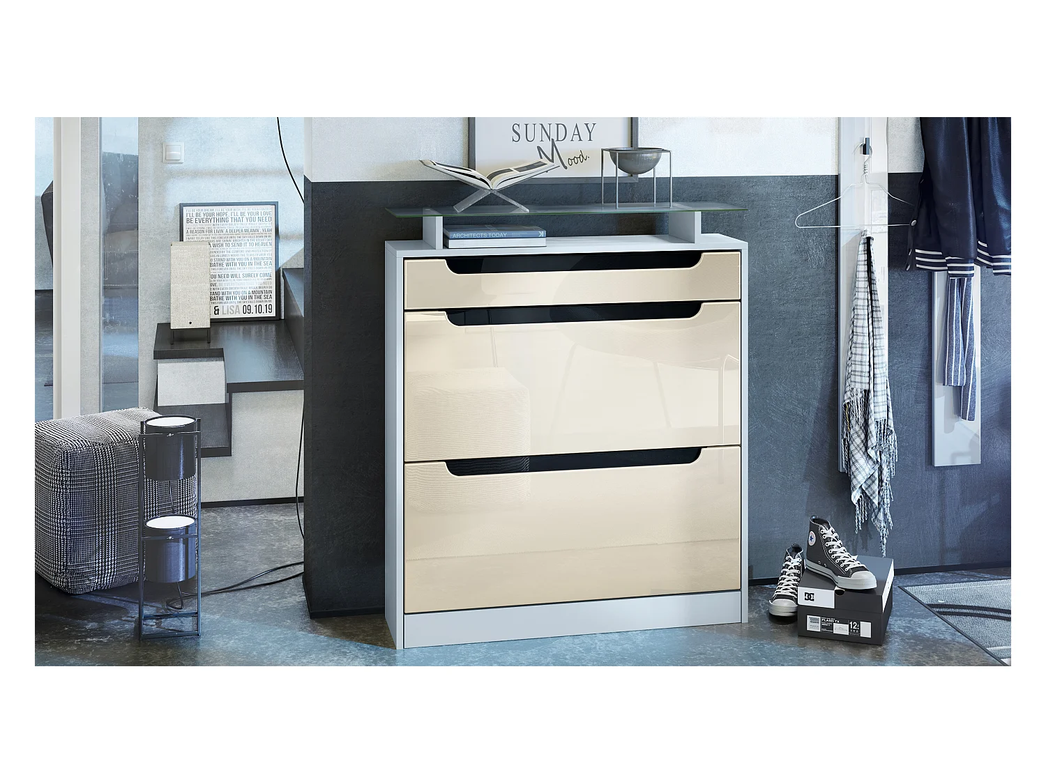 SCHUHSCHRANK Fiesta Creme Hochglanz / Schwarz Hochglanz