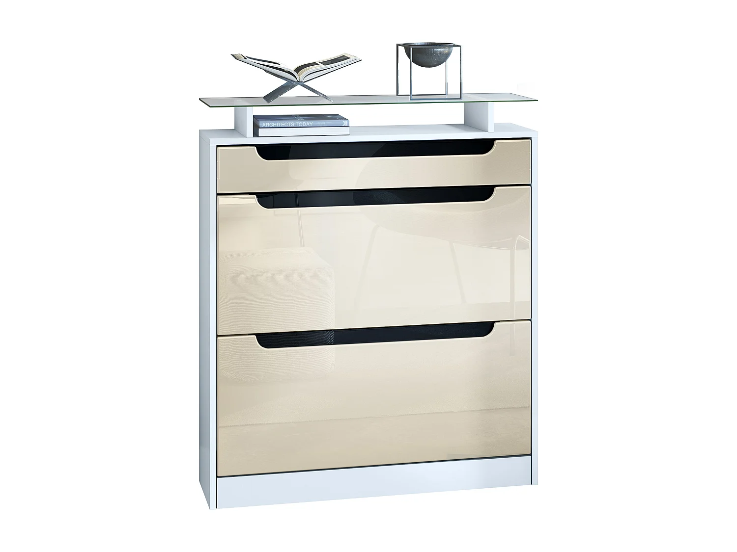 Vladon Scarpiera Fiesta, bianco opaco/beige lucido/nero lucido - ribaltabile per 16 paia di scarpe (89 x 104 x 23 cm)