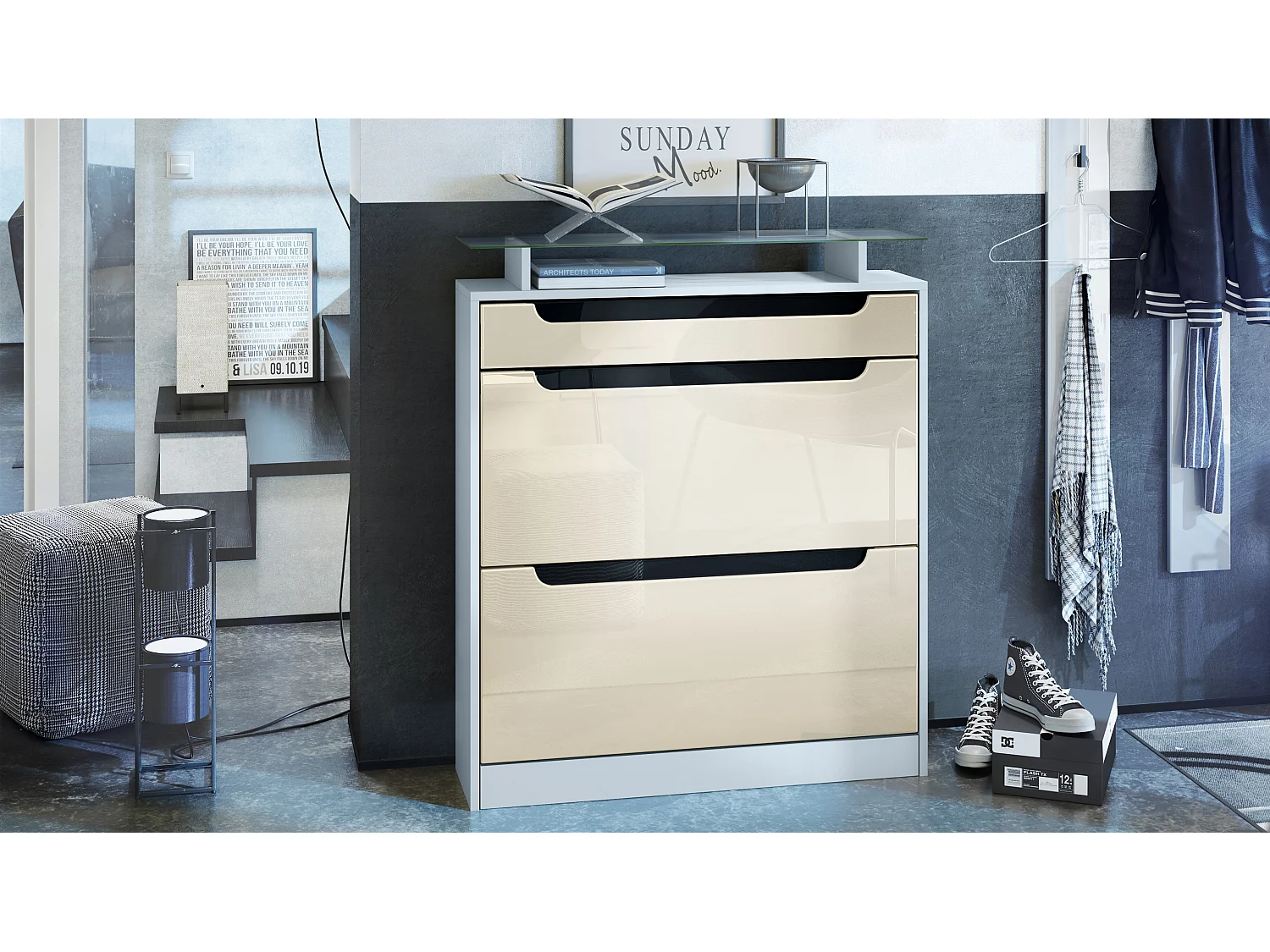 Vladon Scarpiera Fiesta, bianco opaco/beige lucido/nero lucido - ribaltabile per 16 paia di scarpe (89 x 104 x 23 cm)