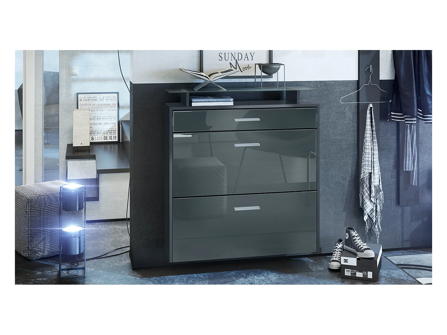 Mueble zapatero Vladon Malea, antracita mate/gris de alto brillo - carro zapatero colgante para 16 pares de zapatos (89 x 96 x 23 cm)